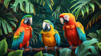 Fototapeta premium Vibrant illustration of three parrots perched on a branch, surrounded by lush green jungle foliage, highlighting tropical wildlife.