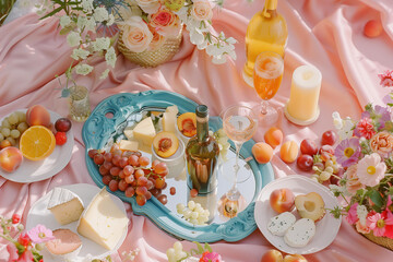 flat lay photo of a picnic set up on a pink tablecloth, there is an ornate blue mirror tray with a mock-up bottle and glasses of wine in the center surrounded by small plates filled with cheese, grape