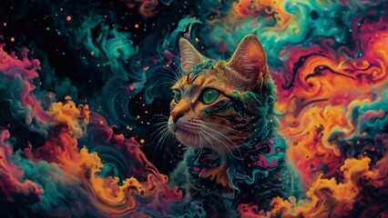 A smart cute cat is placed in a thick white frame, with bright thick clouds of smoke around it