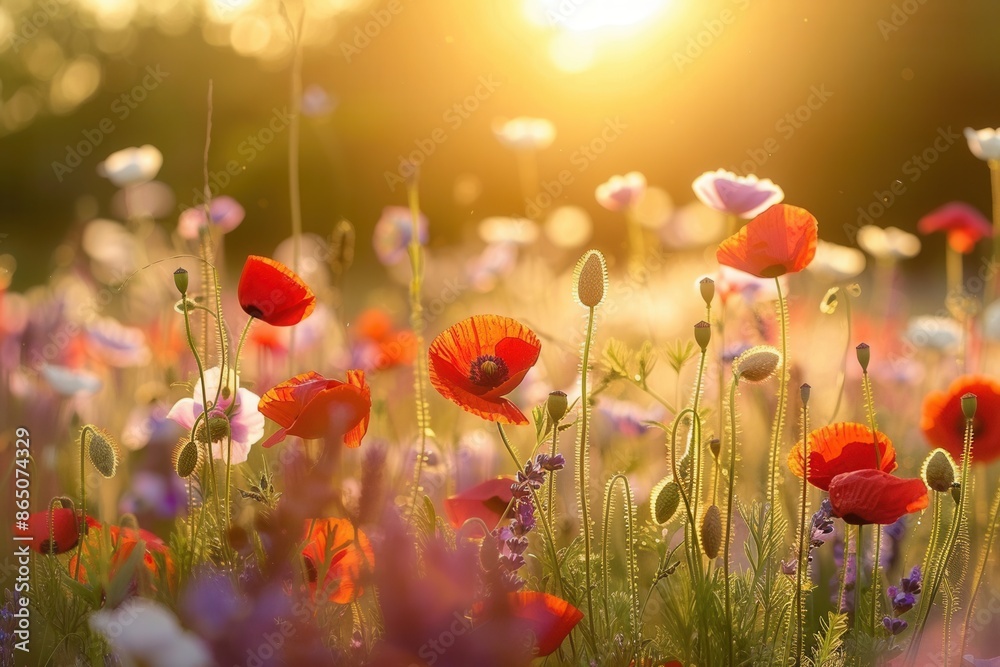 Poster a field of vibrant red poppies bathed in the soft light of sunrise, creating a romantic and pictures