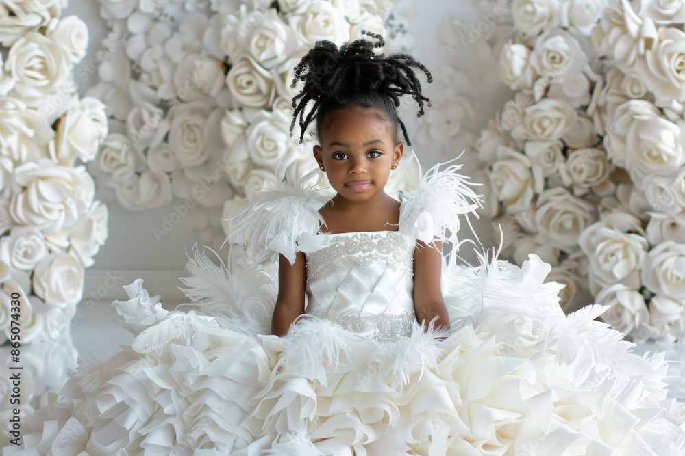 Wall mural portrait of a little african girl posing in a studio in a white wedding dress with feathers, fashion