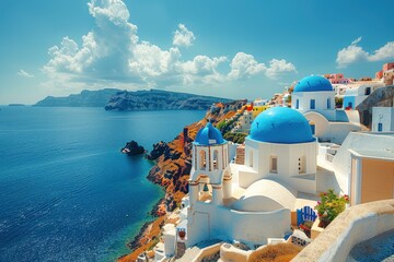 A romantic Greek island with white-washed buildings, blue domed roofs, and a stunning view of the Aegean Sea