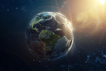 Fototapeta premium soccer ball in the form of planet earth in space, surreal concept of football competition, cinematic, volumetric , sun reflections