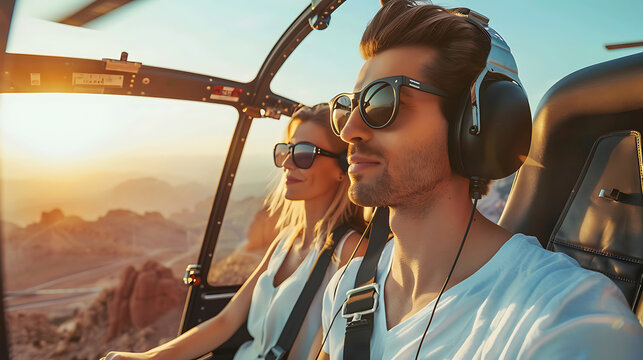 Couple experiencing a private helicopter tour, flying over breathtaking landscapes and landmarks, with excitement and awe. Generative AI illustration 