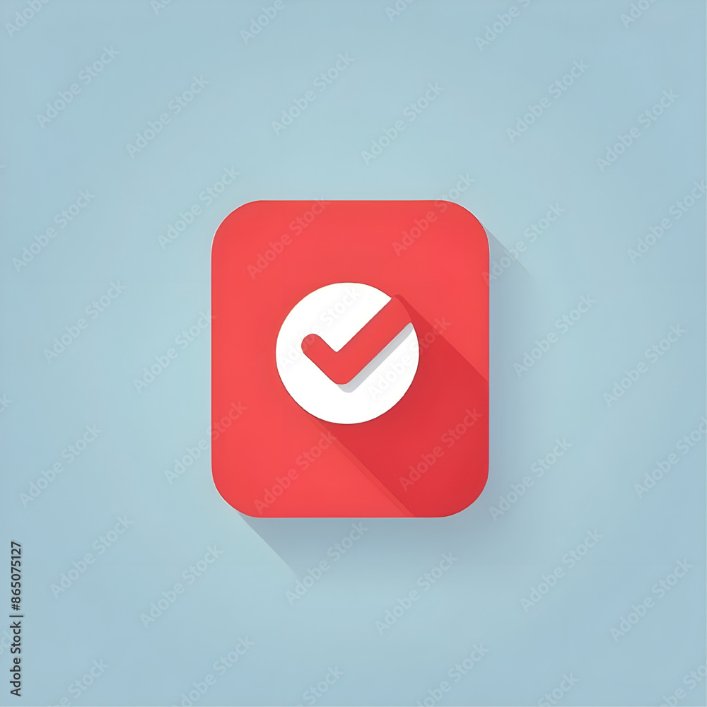 Aufkleber red check mark button: a bright red rounded square button with a white check mark, casting a soft sh
