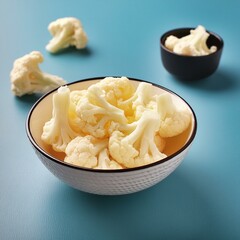 Fresh peeled cauliflower in bowl on blue background