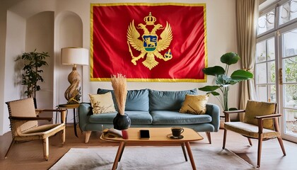 The flag of Montenegro hangs in the living room at home. The flag is in house.