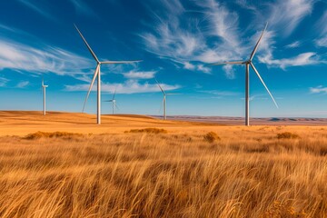 Wind turbines in a crop field. Environment aware. Renewable energies. Landscape view. Copy space
