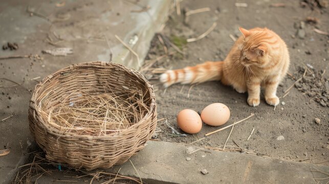 A ginger cat sits near an empty woven basket with hay and two eggs on the ground outside