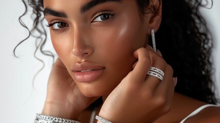 A stunning model showcases a white gold diamond ring and tennis bracelets.