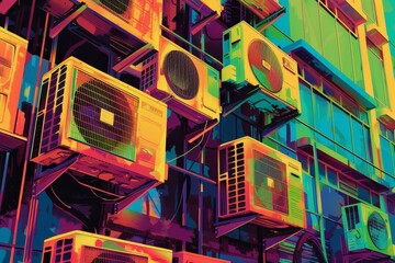 Multiple air conditioning units piled on top of each other in a vibrant display of industrial equipment, A vibrant and colorful depiction of air conditioner units enhancing the atmosphere of a room