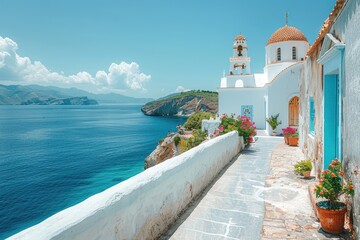 A romantic Greek island with white-washed buildings, blue domed roofs, and a stunning view of the Aegean Sea