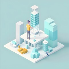 Isometric Pixel Art Cityscape with Architect Figure on Modern Colorful Background