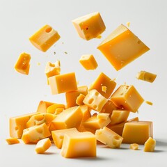 Cubes of cheese in motion isolated on white background