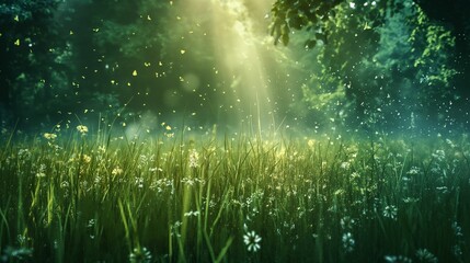 Fototapeta premium Sunlit Meadow with Floating Butterflies and Wildflowers, Tranquil Nature