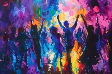 A vibrant painting depicting a group of people joyfully dancing together in a lively and colorful scene, A vibrant and colorful scene that captures the excitement of a crowded dance floor