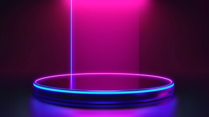 Innovative 3D Neon Display for Phone with Laser-Powered Platform and Futuristic Sci-Fi Background.