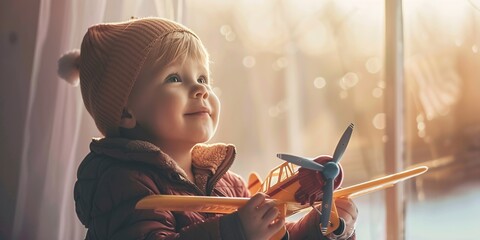 Joyful young child playing with toy plane and aspiring to be a pilot.