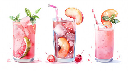 A watercolor illustration of three refreshing pink drinks with ice, fruit, and mint.