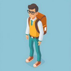 Fototapeta premium Stylish Cartoon Character of Male Student or Teacher in Casual Wear with Backpack and Laptop on