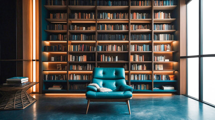 Vibrant room featuring a colorful blue chair and bookshelf.