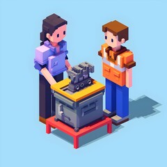Cute Pixel Art Mechanic Repairing Machine in Modern Isometric 3D Workshop Garage Setting