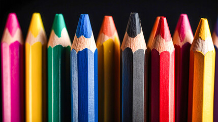 Neatly organized row of colored pencils in various hues.