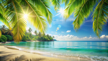 Fototapeta premium summer banner on island with beach and palm trees