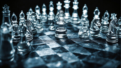 Intricate version of the game of chess, transparent, white background:  Chess set arranged on a board, illustrating a classic battle of tactics.