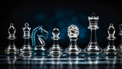 Intricate version of the game of chess, transparent, white background: hess pieces strategically placed on a checkered board for a game of skill.