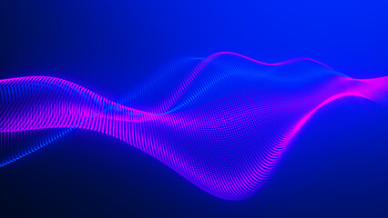Futuristic dot wave. Abstract digital particle wave. Technology background. Colored musical wave. Dark background. Digital background with smooth, wavy curves. 3D rendering