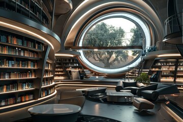 Fototapeta premium Futuristic Library Interior with Large Circular Window.
