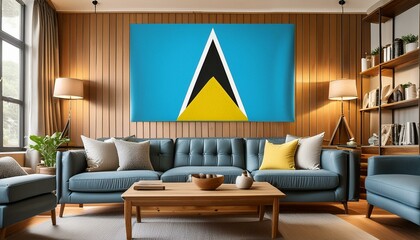 Fototapeta premium The flag of Saint Lucia hangs in the living room at home. The flag is in house.