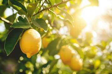 A single ripe lemon hangs from a branch of a lemon tree, bathed in warm sunlight. The vibrant yellow fruit contrasts with the lush green leaves, creating a beautiful summer scene.
