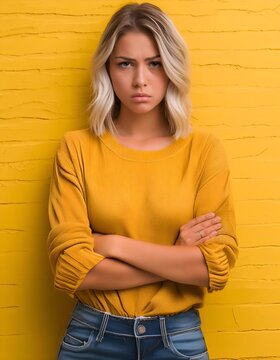 woman over isolated yellow background keeping arms crossed