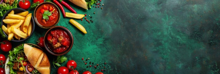 Horizontal banner. Celebration of Bolivia Independence Day. traditional food of Bolivia, festive dishes on the table, green background. Free space for text