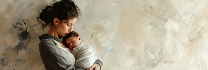 Horizontal banner. World Breastfeeding Week. Importance of breastfeeding and supporting mothers concept. A young mother gently presses her newborn to her chest. Free space for text