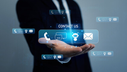 Contact us for online support. Business person watching on virtual screen. Customer service, helpdesk advice online chat support.