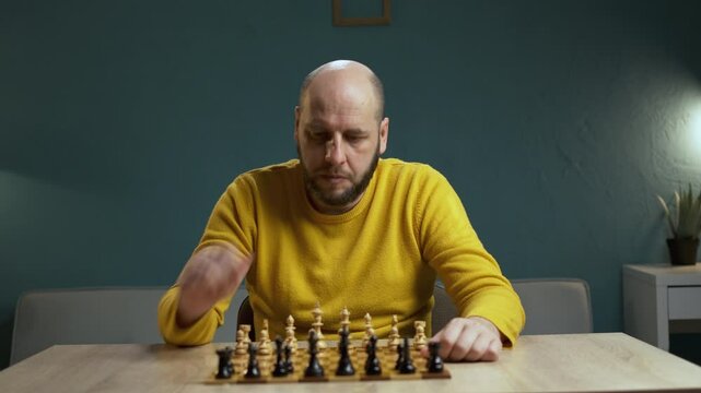 Bald bearded 40 year old man thoughtfully playing chess, brainstorming, strategy game. Hobby and leisure