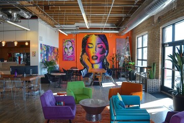 A room filled with chairs and colorful paintings on the wall in a vibrant coworking space, A vibrant co-working space with creative artwork on the walls