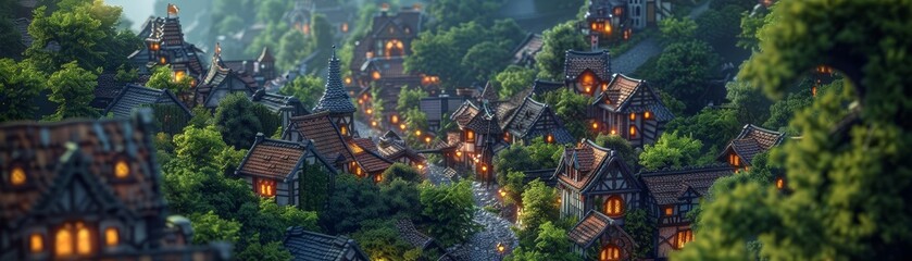 Fototapeta premium 3D rendered isometric fantasy village, medieval architecture, lush greenery, cobblestone streets, detailed textures, warm lighting, fairytale atmosphere