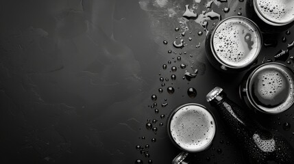 Horizontal banner. International Beer Day. Glasses and bottles of cold light beer on a dark table. Black an white photo. Top view. Free space for text, copy space
