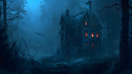 Obraz premium halloween haunted house spooky forest background.haunted house scene in creepy forest,generative ai