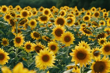Fototapeta premium Large field of yellow sunflowers with green leaves under the sun, A vibrant field of sunflowers stretching towards the horizon, their golden petals catching the sunlight
