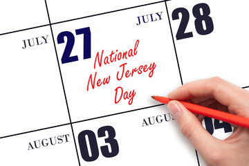 July 27. Hand writing text National New Jersey Day on calendar date. Save the date.