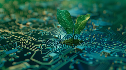 illustration of digitally created image of ree with foliage growing from a circuit board illustrating the concept of technology 