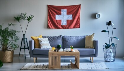 The flag of Switzerland hangs in the living room at home. The flag is in house.