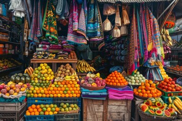 Obraz premium A vibrant marketplace stall selling fresh fruits and vegetables to customers, A vibrant marketplace with stalls selling colorful fruits and textiles