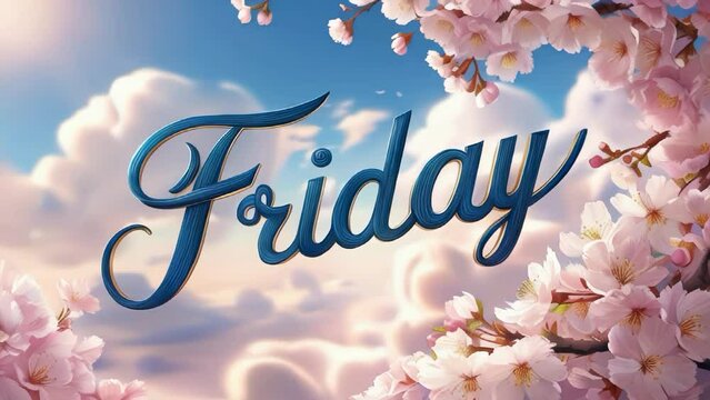 Vibrant digital illustration of animated movie title "Friday" and its swirling cursive typography, suspended amidst fluttering clouds and blooming cherry blossoms in soft focus