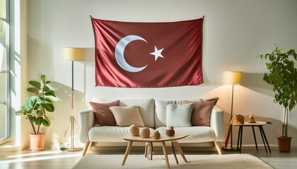 The flag of Turkey hangs in the living room at home. The flag is in house.